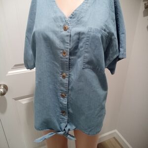 .Time & Tru Chambray Denim Women's Size L Top Tie Up Front